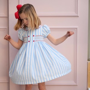 Thatcher Dress Sailor Stripe with White Heart Hand Smocking Thatcher Dress Sailor Stripe with White Heart Hand Smocking