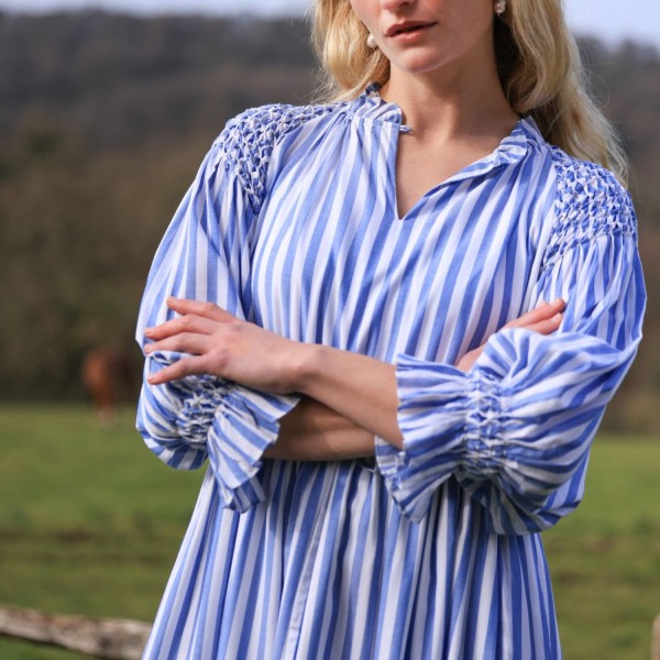 Aloha Wanderwell Dress Ocean Stripe with White Honeycomb Hand Smocking Aloha Wanderwell Dress Ocean Stripe with White Honeycomb Hand Smocking