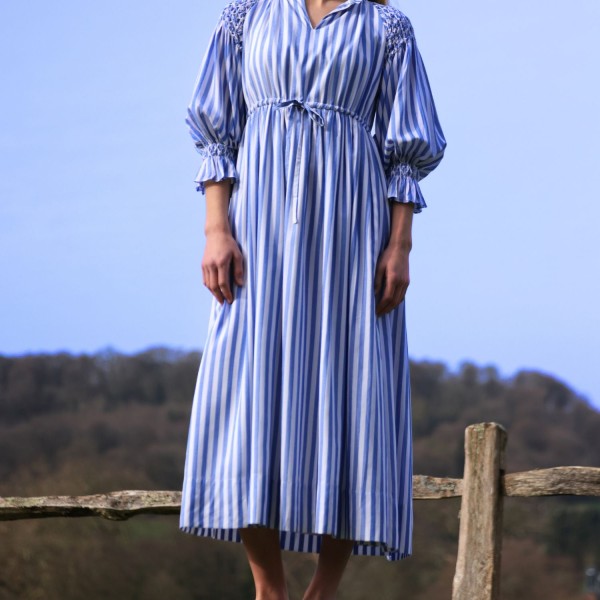 Aloha Wanderwell Dress Ocean Stripe with White Honeycomb Hand Smocking Aloha Wanderwell Dress Ocean Stripe with White Honeycomb Hand Smocking