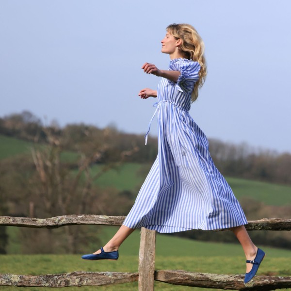 Aloha Wanderwell Dress Ocean Stripe with White Honeycomb Hand Smocking Aloha Wanderwell Dress Ocean Stripe with White Honeycomb Hand Smocking