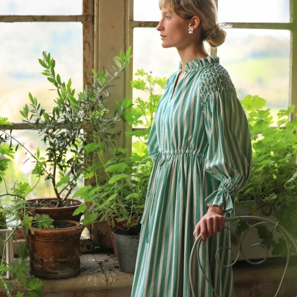 Aloha Wanderwell Dress Wimbledon Stripe with White Honeycomb Hand Smocking Aloha Wanderwell Dress Wimbledon Stripe with White Honeycomb Hand Smocking