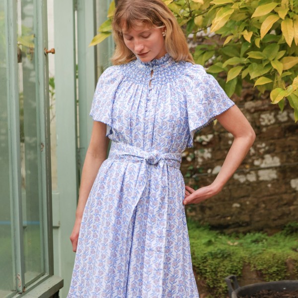 Colette Dress Passionflower Trellis with Delphinium Blue Hand Smocking Colette Dress Passionflower Trellis with Delphinium Blue Hand Smocking