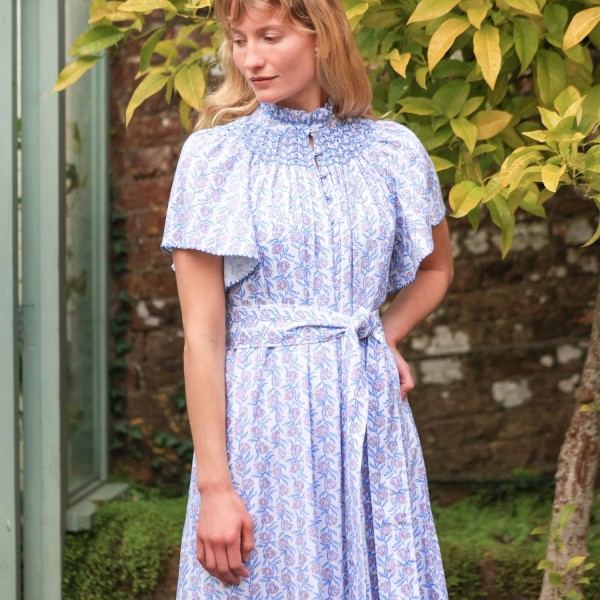Colette Dress Passionflower Trellis with Delphinium Blue Hand Smocking Colette Dress Passionflower Trellis with Delphinium Blue Hand Smocking