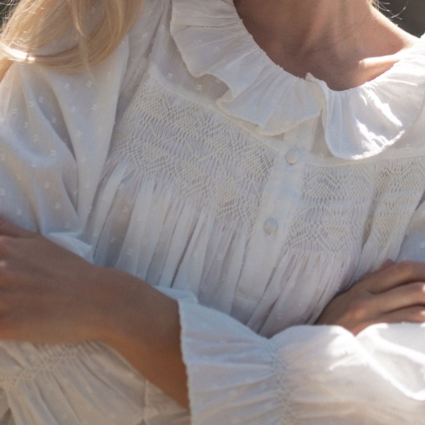 Nightingale Women's Dress Cloud Puff Plumetti with Ivory Hand Smocking Nightingale Women's Dress Cloud Puff Plumetti with Ivory Hand Smocking