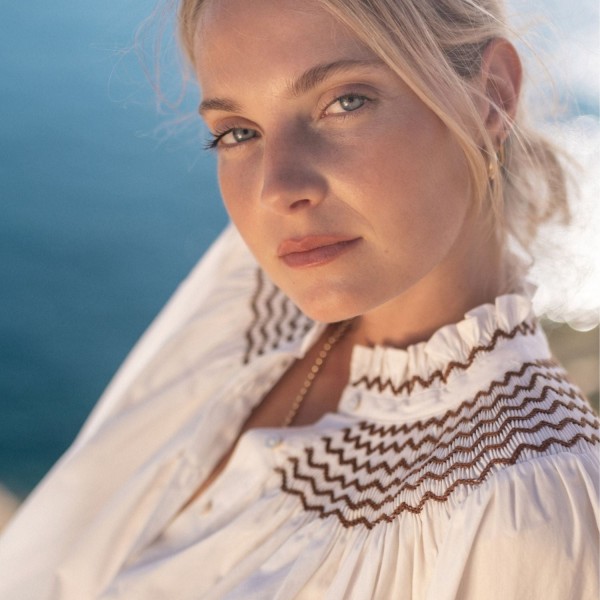 Scholl Women's Summer Blouse White with Chocolate Brown Hand Smocking Scholl Women's Summer Blouse White with Chocolate Brown Hand Smocking