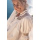 Scholl Women's Summer Blouse White with Chocolate Brown Hand Smocking Scholl Women's Summer Blouse White with Chocolate Brown Hand Smocking