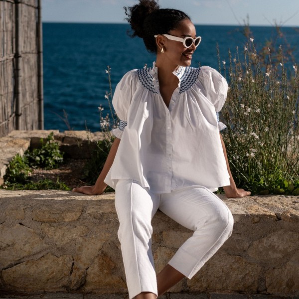 Scholl Women's Summer Blouse White with Sapphire Hand Smocking