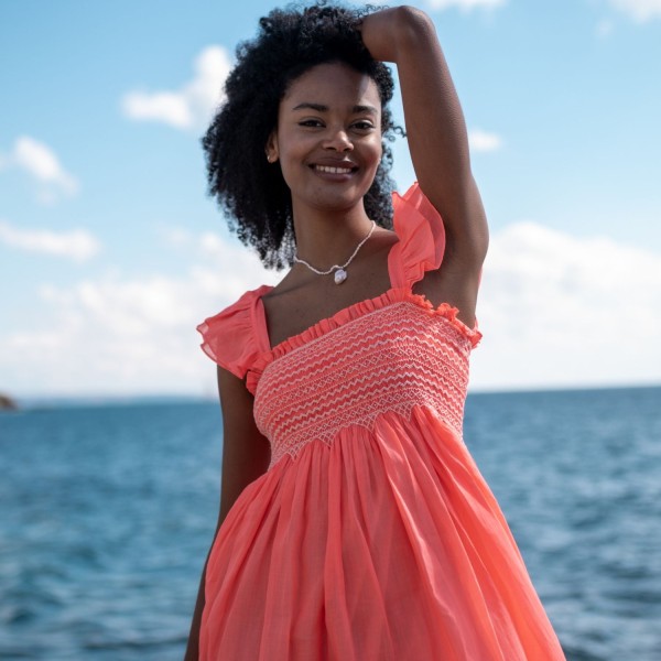 Wallis Simpson Dress Coral Dreams Organdie with Chantilly Hand Smocking Wallis Simpson Dress Coral Dreams Organdie with Chantilly Hand Smocking